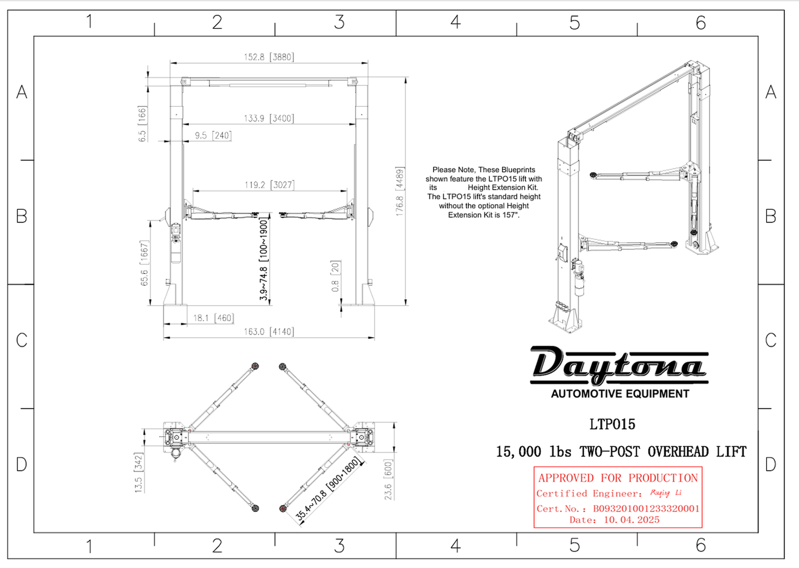 Daytona LTPO15 15,000 lb Two Post Overhead Lift, Height Extension Kit Included - image 2